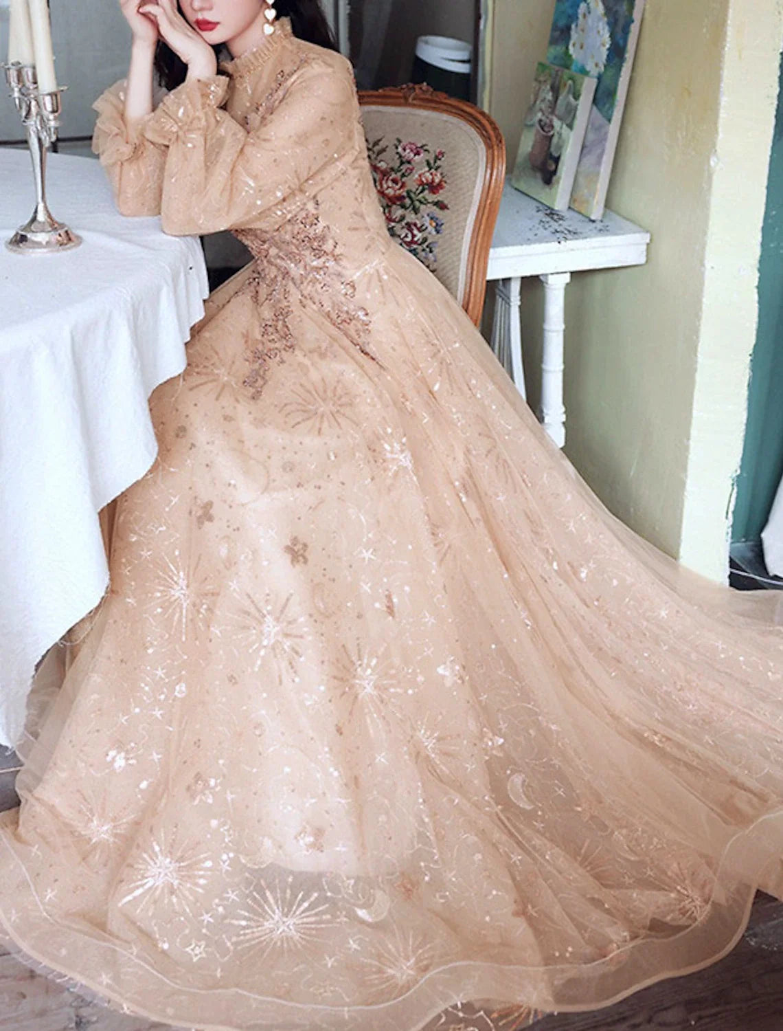 A-Line High Neck Tulle Long Sleeve Floor-Length Evening Dress - Chloe Dress