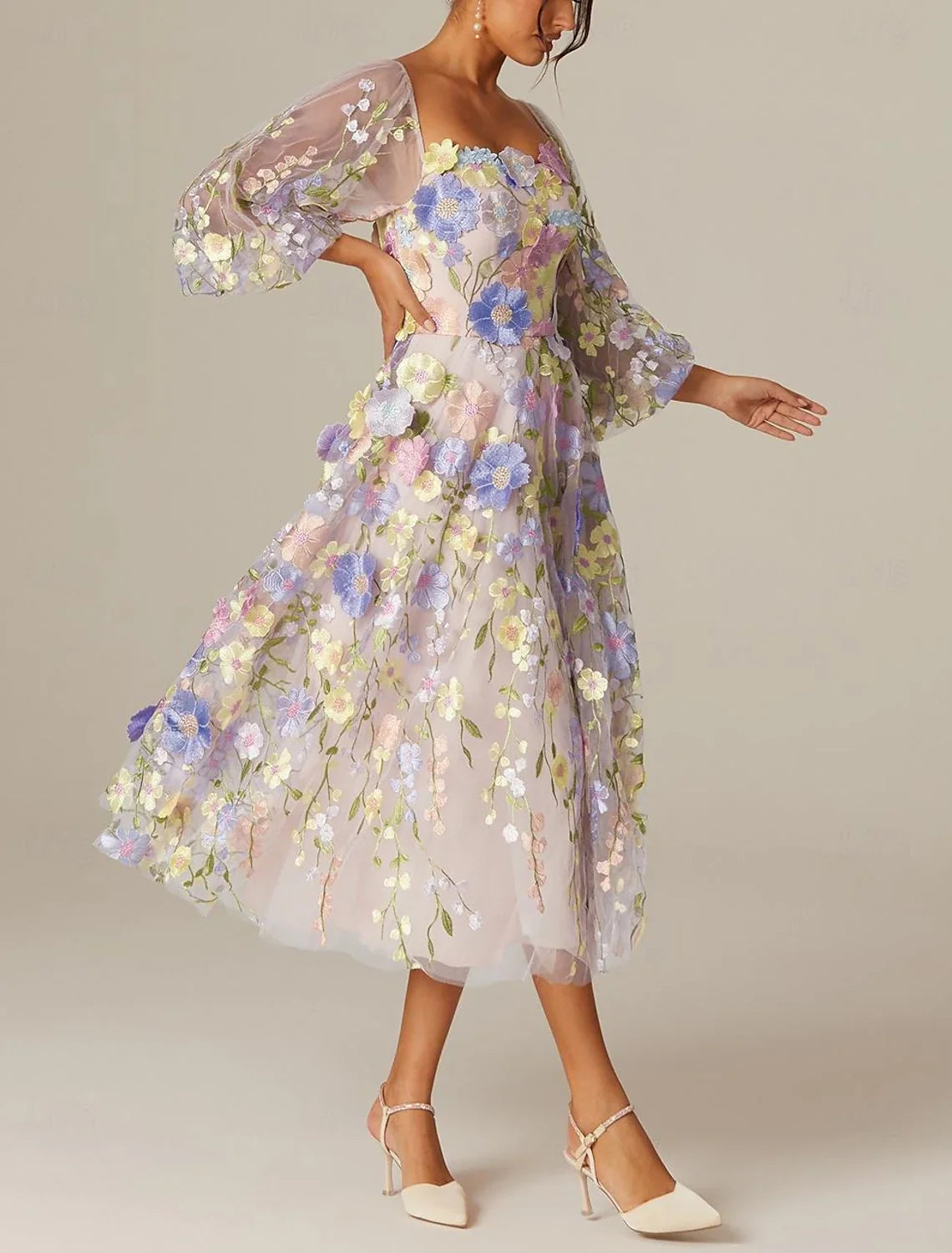 A-Line Square Neck Tulle Long Sleeve Applique Tea-Length Prom Dress - Chloe Dress