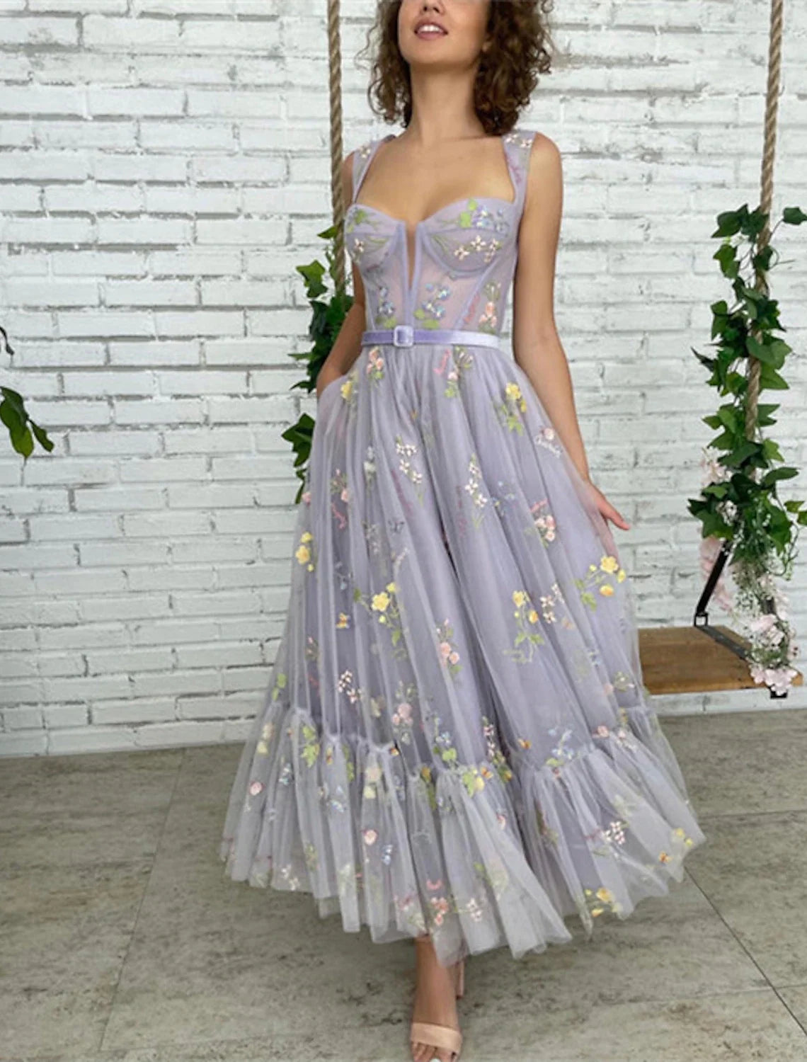 A-Line Square Neck Lace Short Sleeve Pleated Floor-Length Evening Dress - Chloe Dress