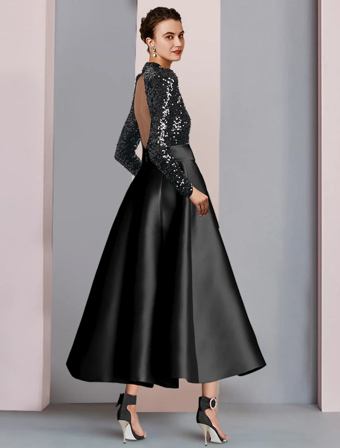 A-Line High Neck Satin Long Sleeve Pleated Tea-Length Wedding Dress - Chloe Dress