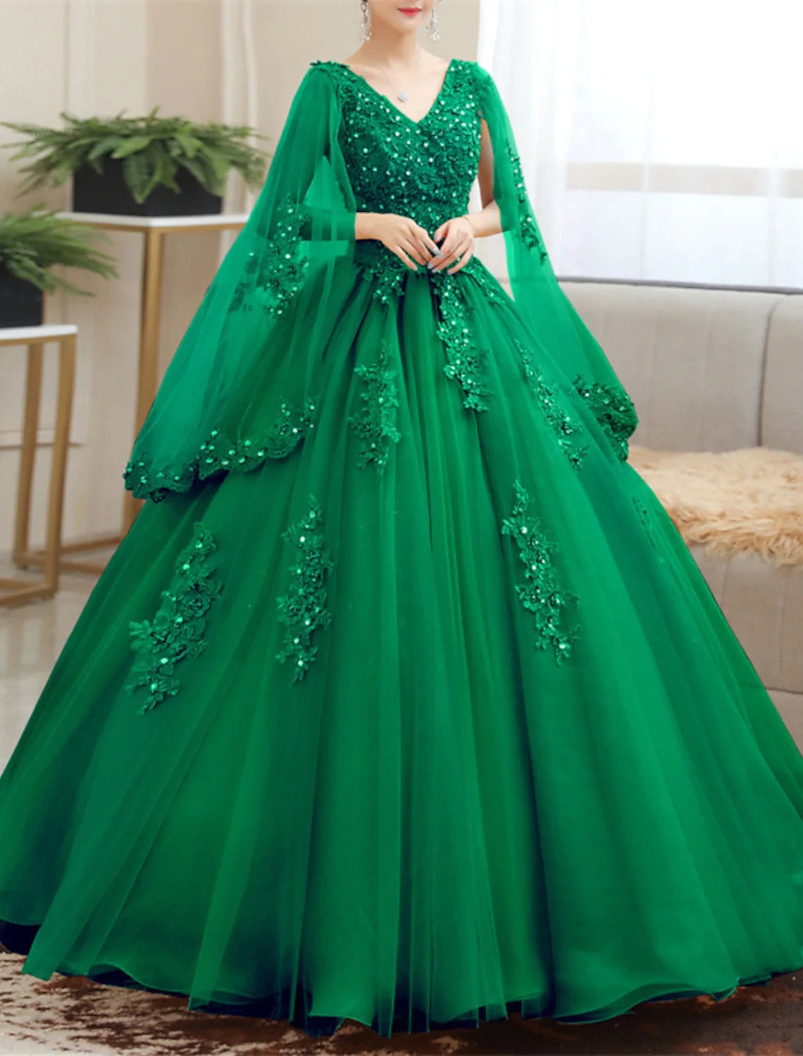 Ball Gown V-Neck Lace Long Sleeve Applique Floor-Length Wedding Gown - Chloe Dress