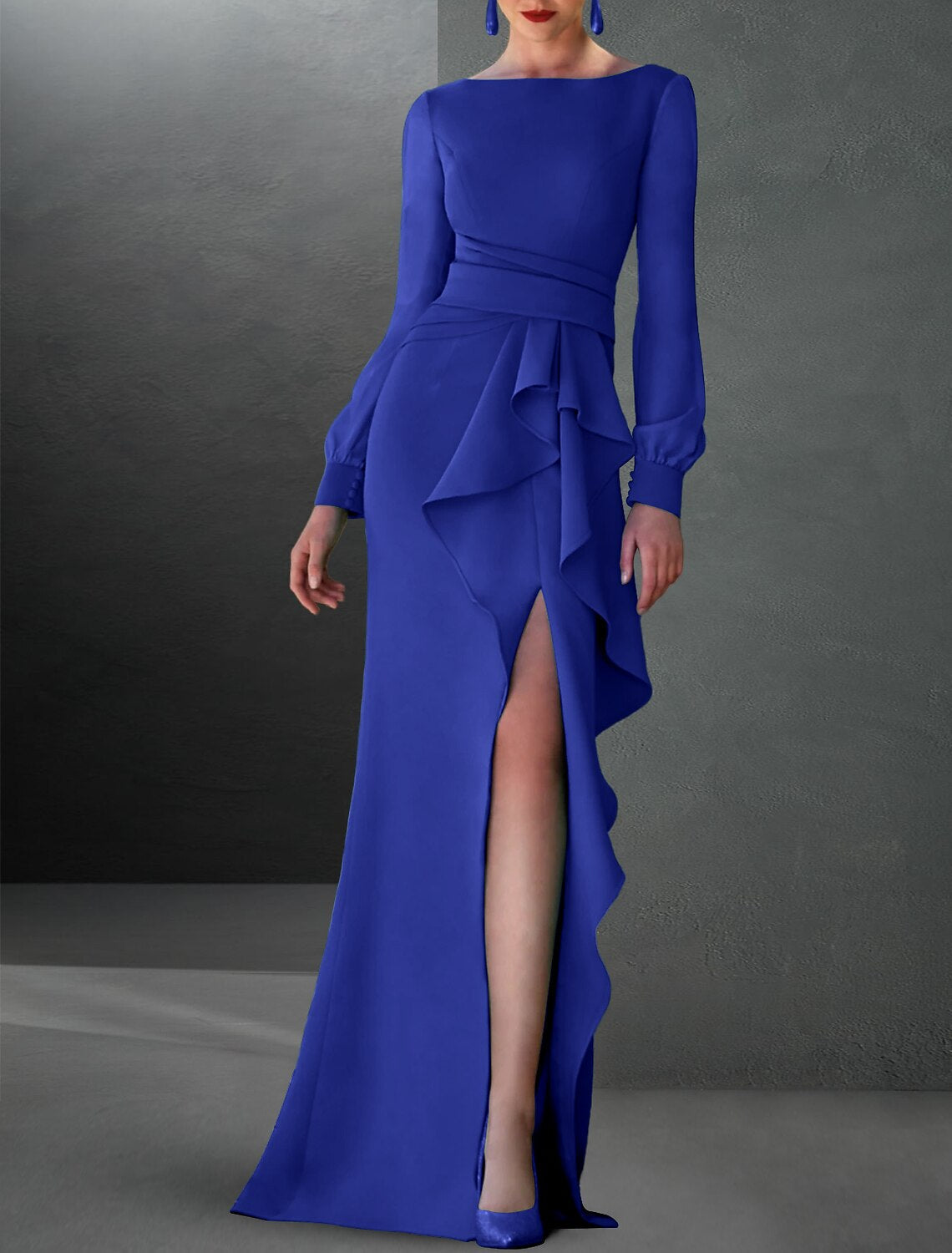 Black A-Line Chiffon Long Sleeve High Slit Evening Gown - Chloe Dress