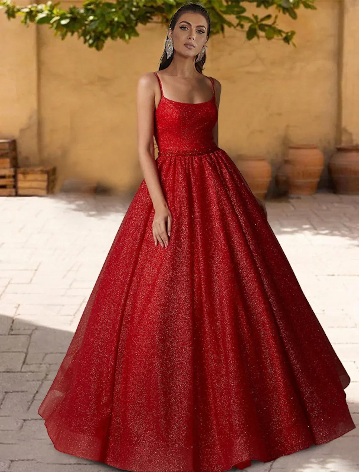 Ball Gown Spaghetti Strap Tulle Sleeveless Pleated Floor-Length Gown - Chloe Dress