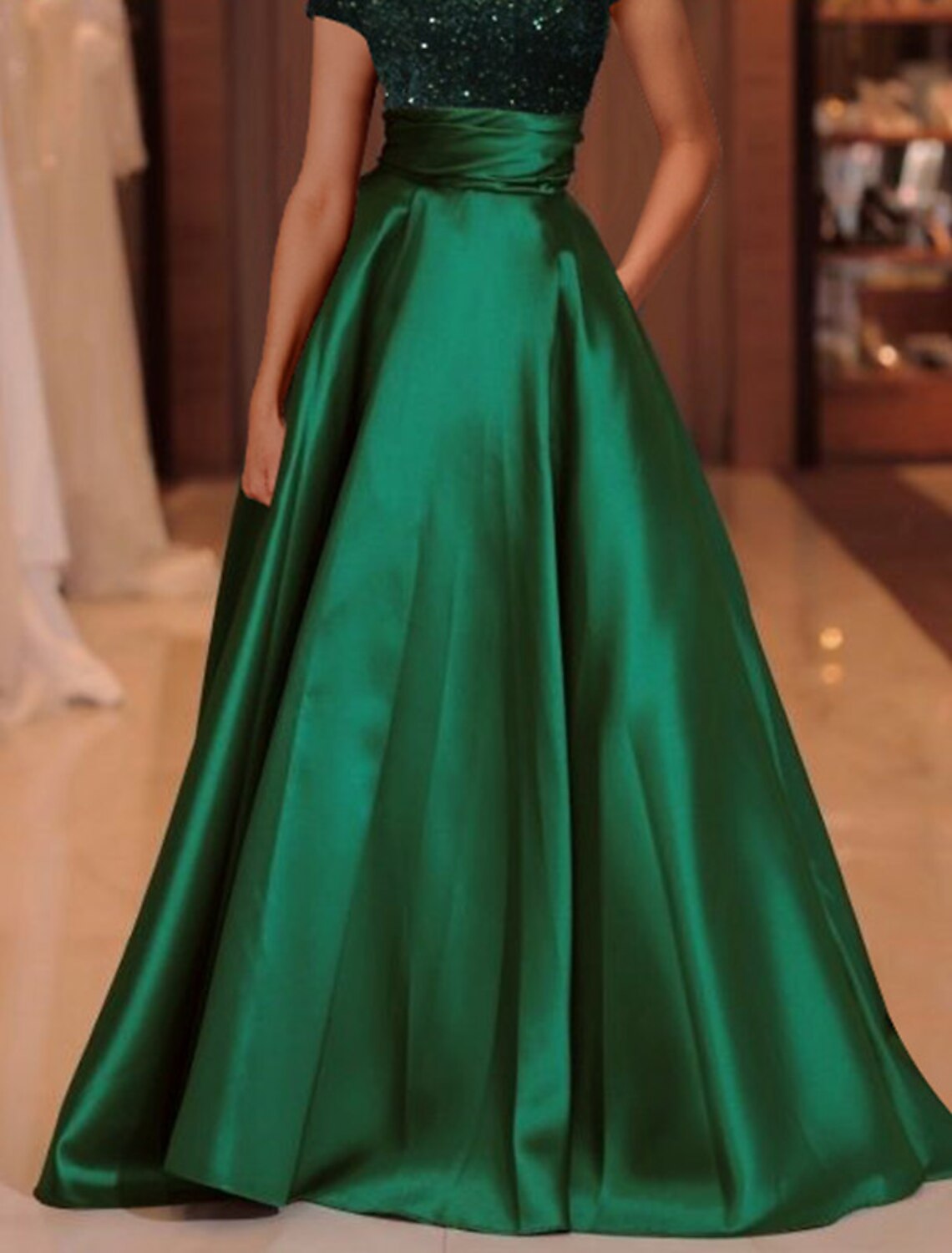 Green A-Line High Neck Satin Short Sleeve Floor-Length Evening Gown - Chloe Dress