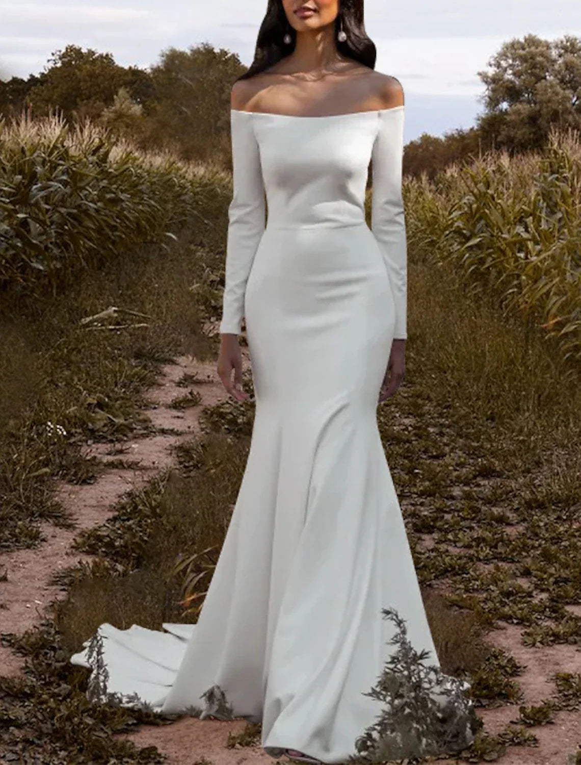 Mermaid Off-Shoulder Long Sleeve Train Wedding Gown - Chloe Dress