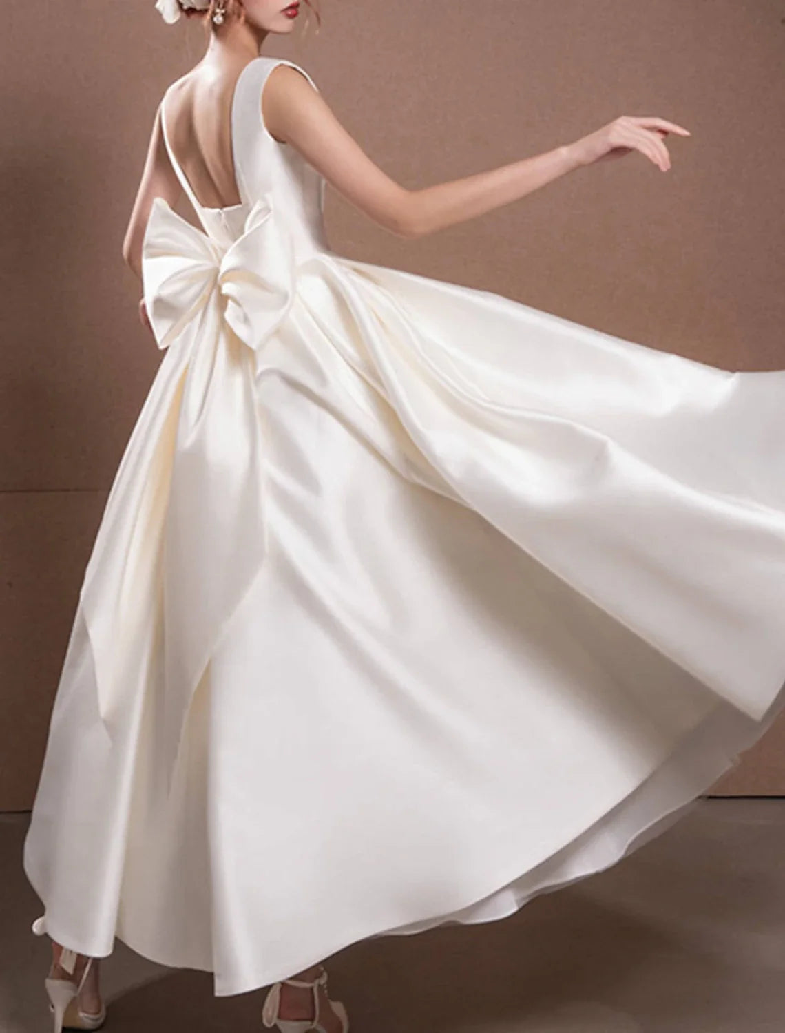 A-Line Off-Shoulder Satin Cap Sleeve Pleated Tea-Length Wedding Gown - Chloe Dress