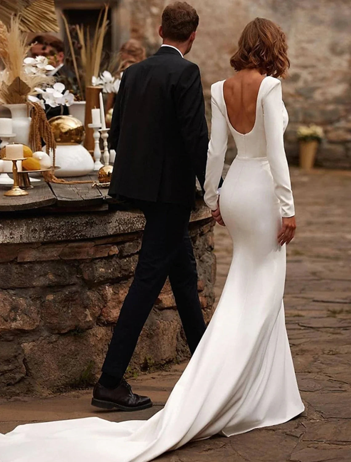 Mermaid Square Neck Satin Long Sleeve Open Back Train Wedding Gown - Chloe Dress