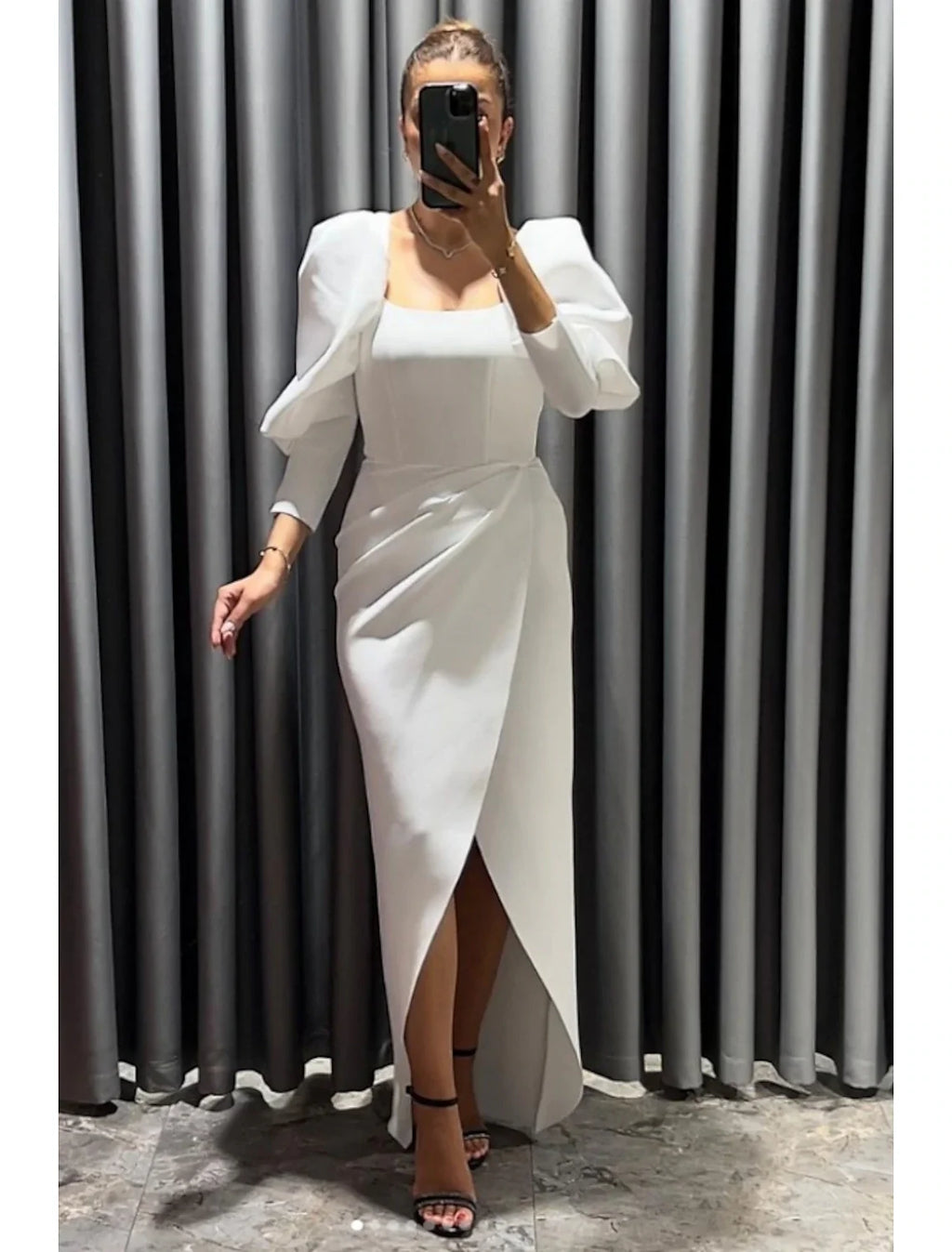 Sheath Square Neck Three-Quarter Sleeve High Slit Evening Gown - Chloe Dress
