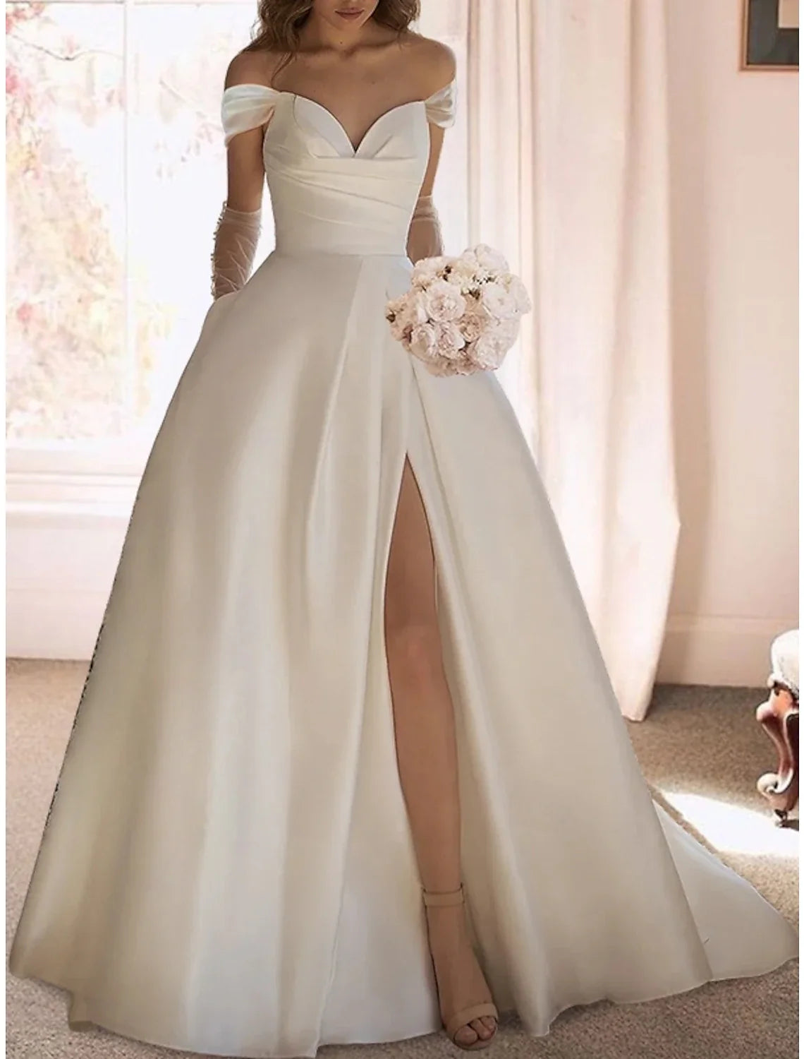 Ball Gown Off-Shoulder Satin Short Sleeve Train Mini Wedding Gown - Chloe Dress