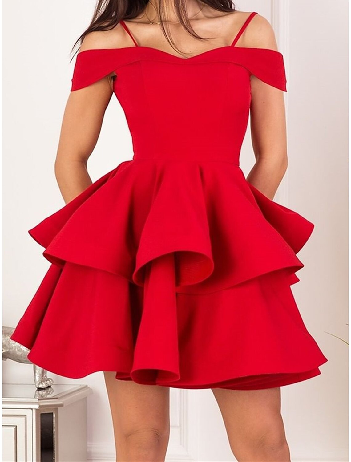 A-Line Off-Shoulder Satin Sleeveless Ruffled Knee-Length Homecoming Dress - Chloe Dress
