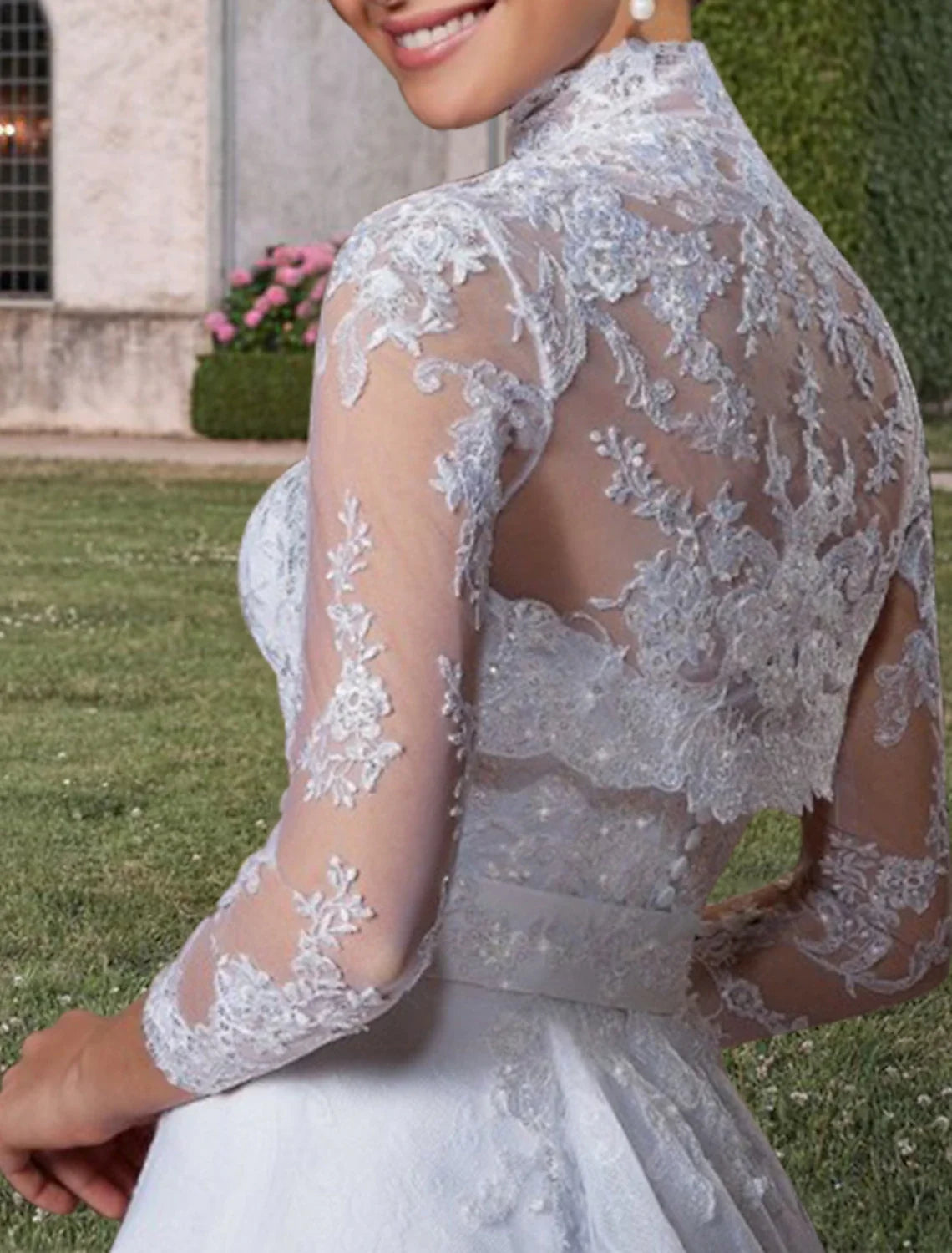 Sweetheart Lace Three-Quarter Sleeve Train Wedding Gown - Chloe Dress