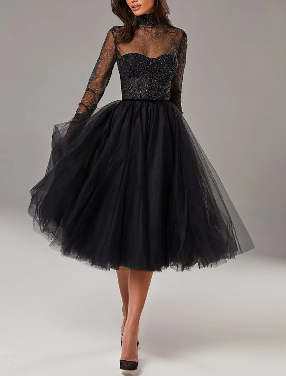 Black A-Line High Neck Tulle Long Sleeve Pleated Knee-Length Cocktail Dress - Chloe Dress