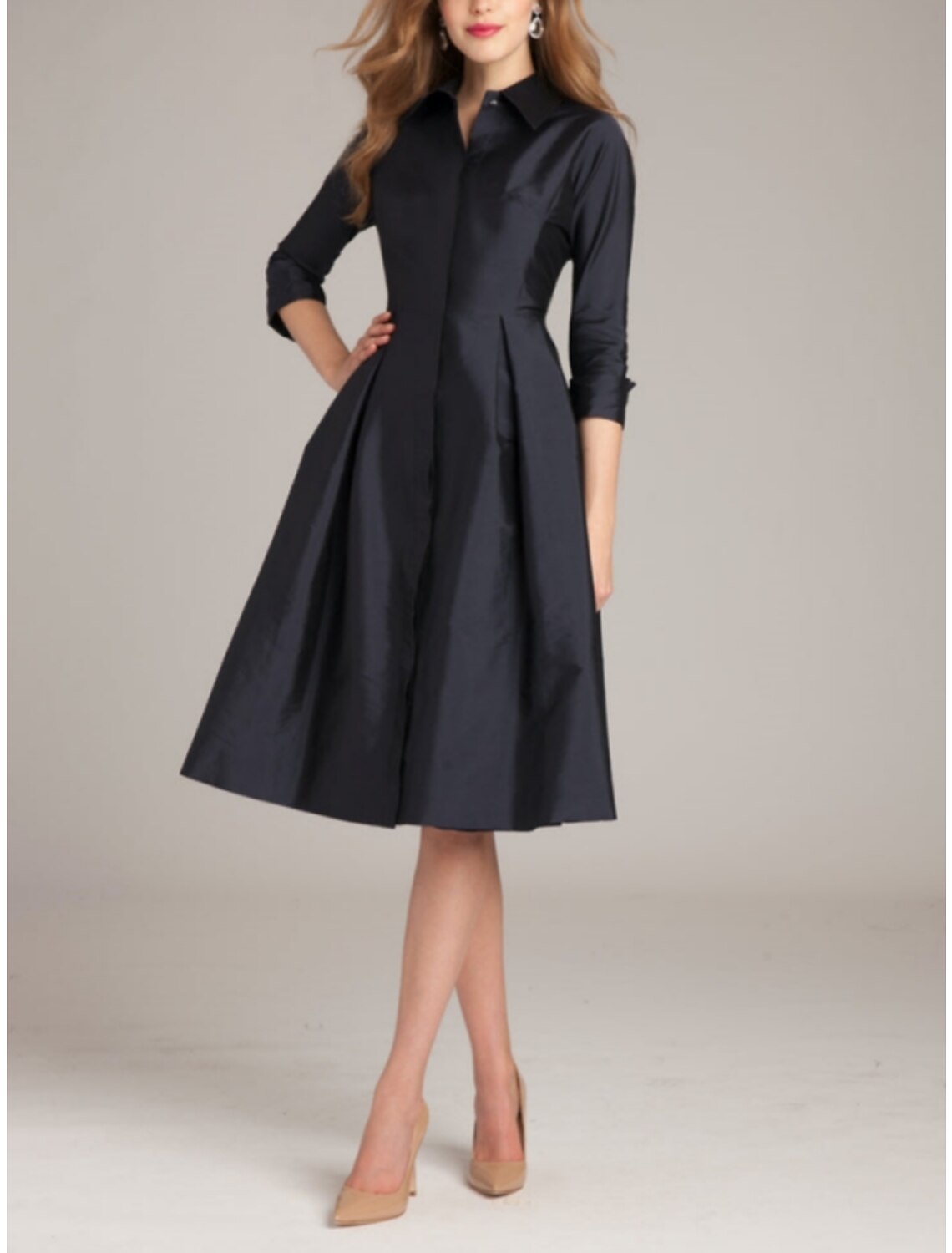 A-Line Satin Three-Quarter Sleeve High Slit Mini Cocktail Dress - Chloe Dress