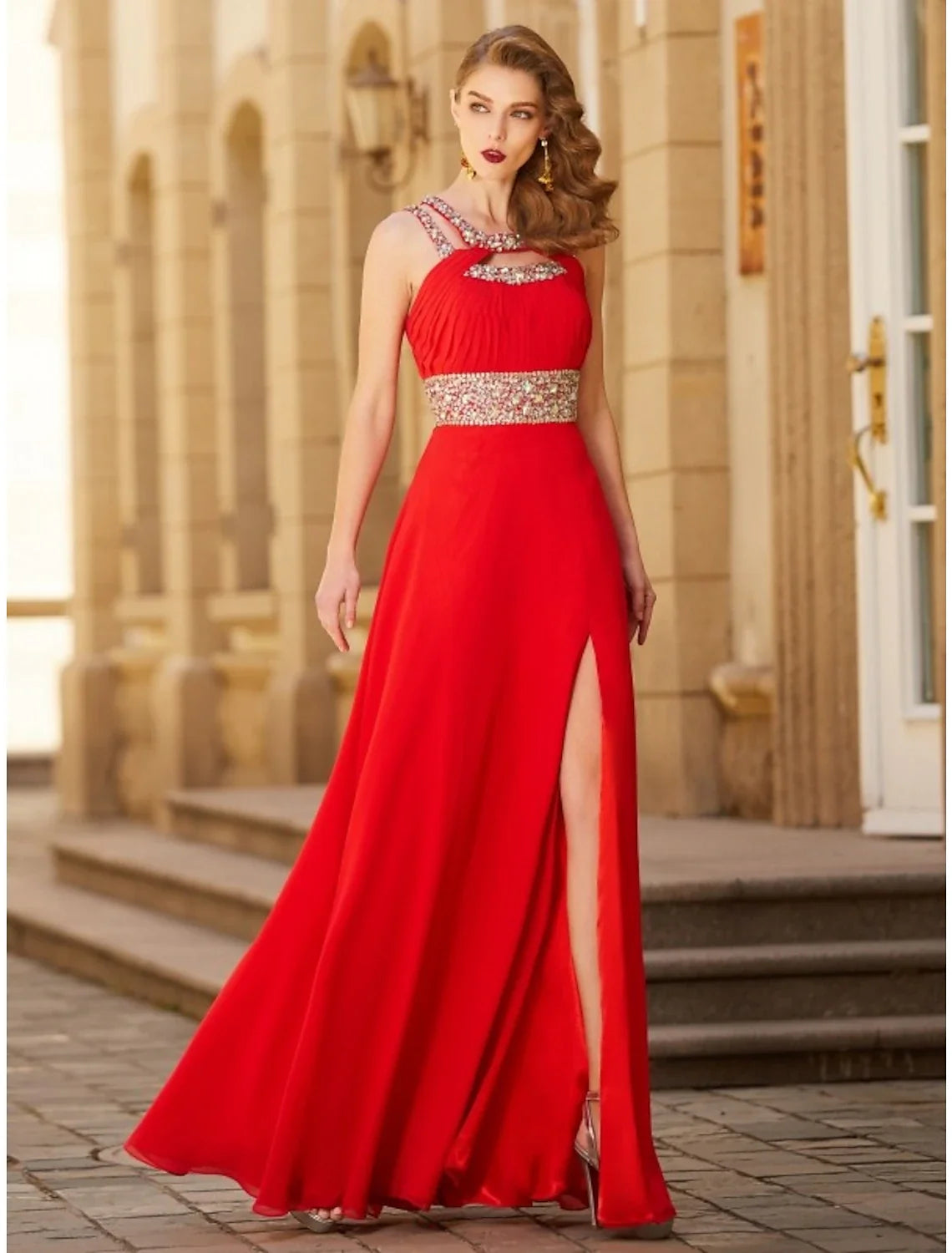 A-Line Halter Chiffon Sleeveless High Slit Floor-Length Evening Gown - Chloe Dress