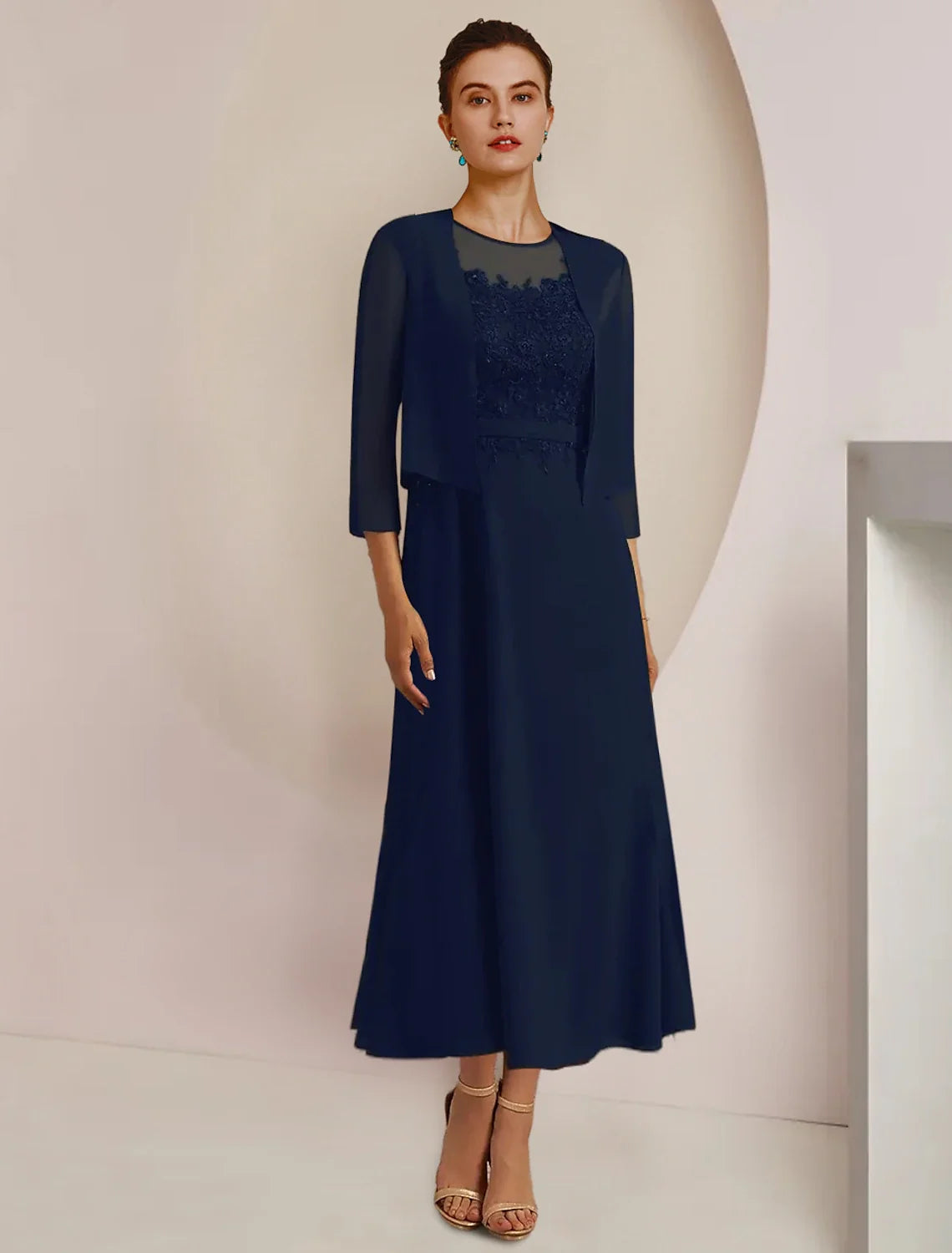 A-Line Chiffon Three-Quarter Sleeve Applique Tea-Length Wedding Dress - Chloe Dress