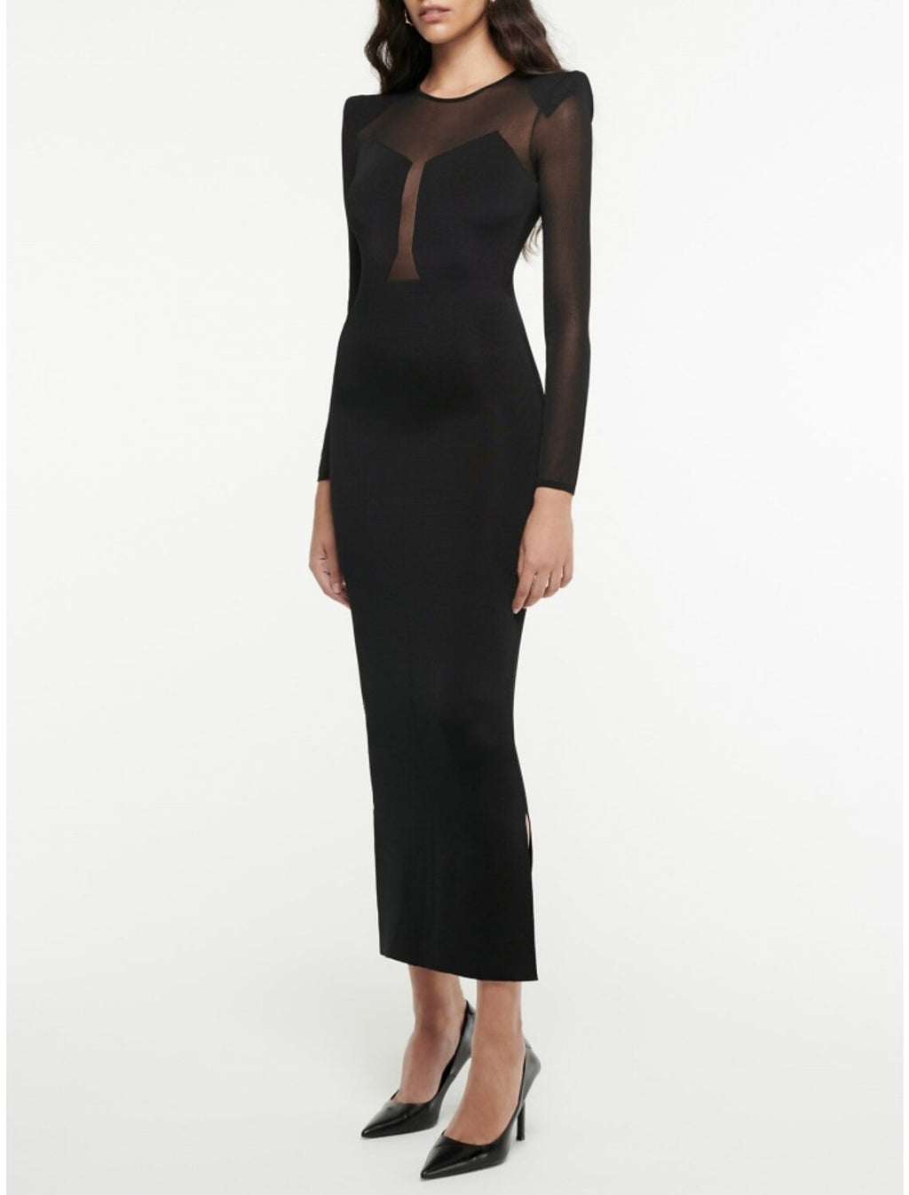 Black Mermaid Long Sleeve Pleated Tea-Length Evening Gown - Chloe Dress