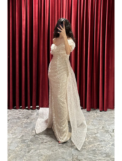 Sheath V-Neck Sequin Short Sleeve Train Mini Evening Gown - Chloe Dress