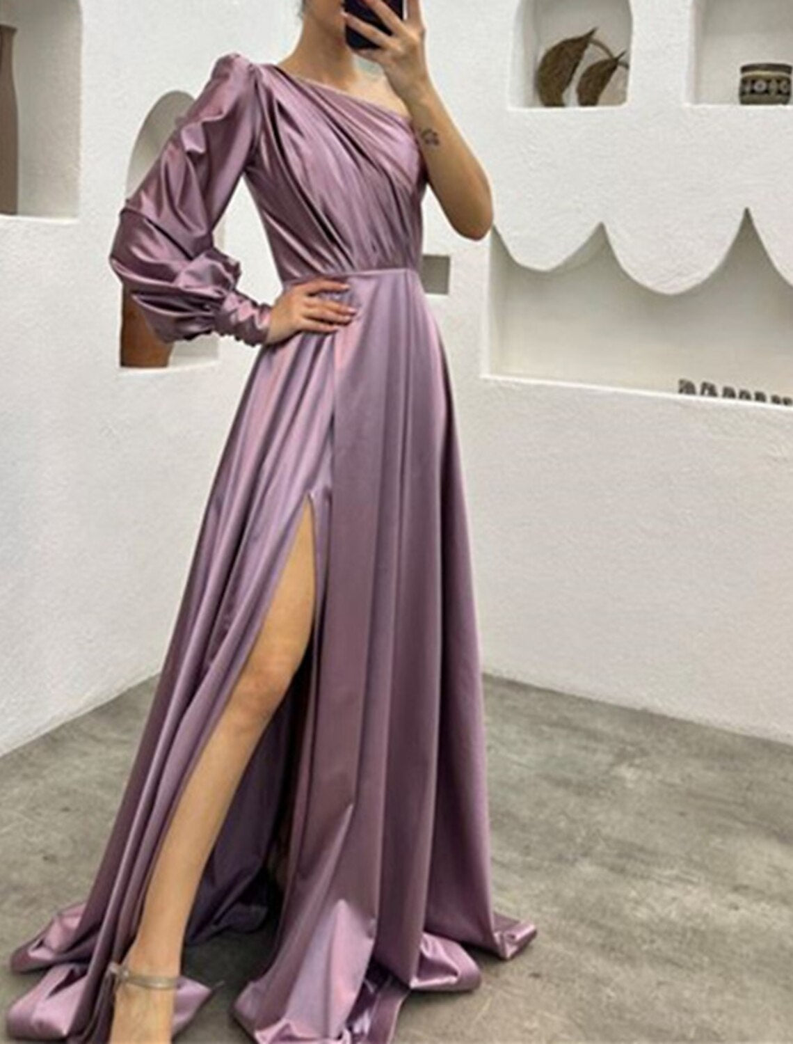 A-Line One-Shoulder Long Sleeve High Slit Evening Gown - Chloe Dress