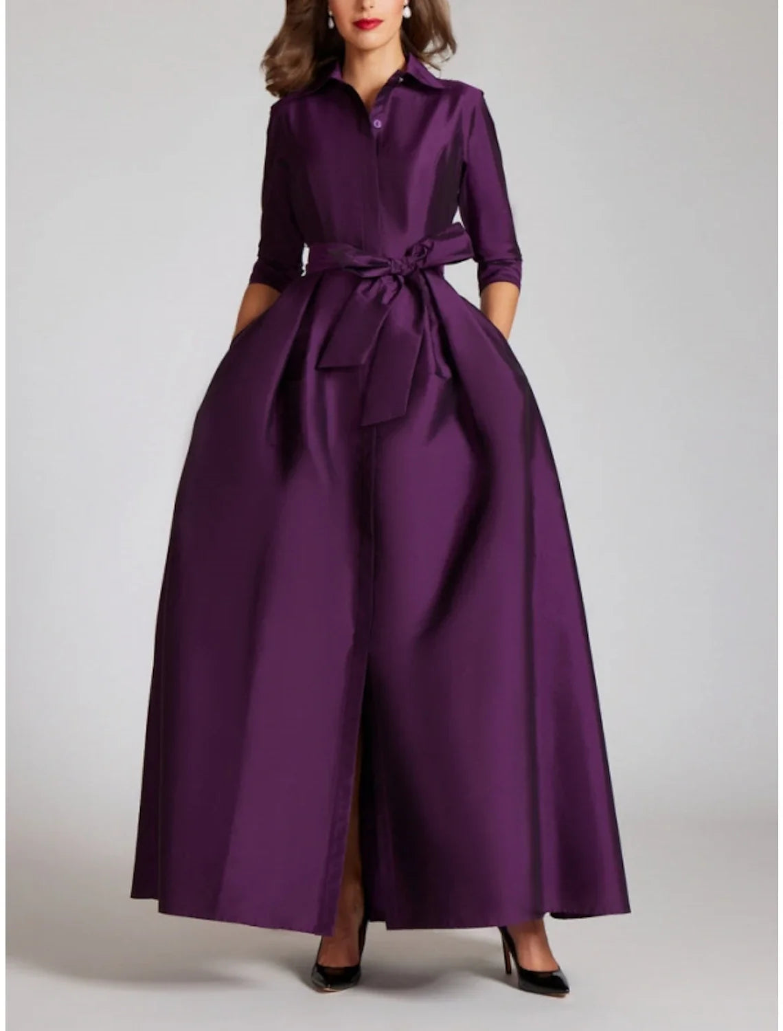 Champagne A-Line Satin Pleated Floor-Length Evening Gown - Chloe Dress