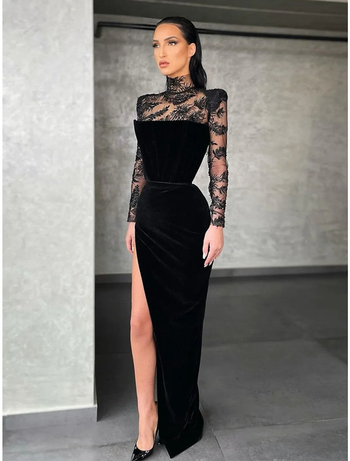 Black Sheath High Neck Lace Long Sleeve High Slit Floor-Length Evening Gown - Chloe Dress