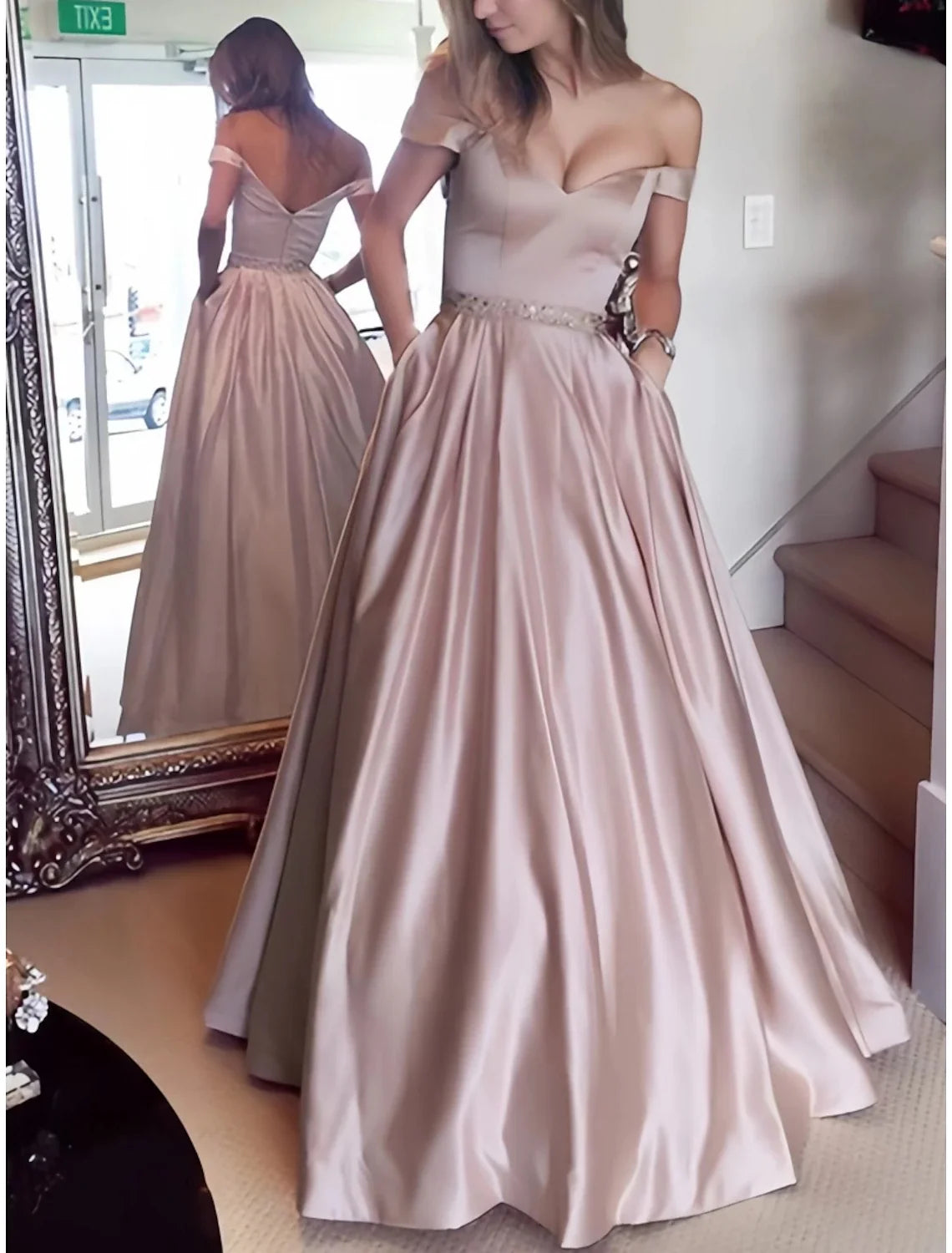 Ball Gown Off-Shoulder Satin Sleeveless Pleated Floor-Length Evening Gown - Chloe Dress