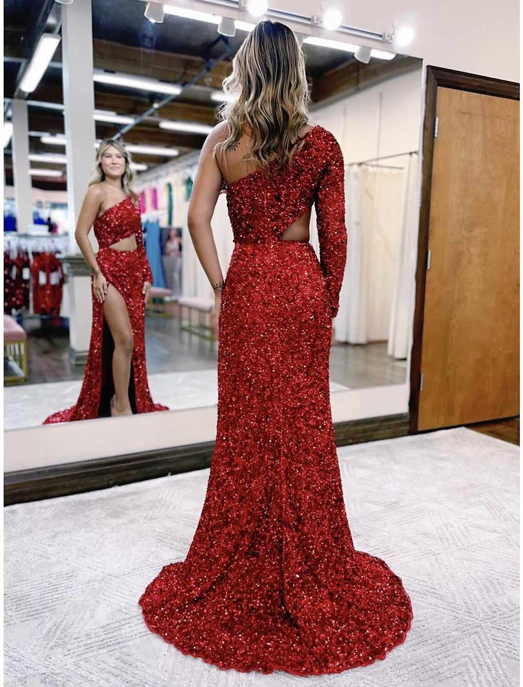 Mermaid One-Shoulder Sequin Long Sleeve Backless High Slit Prom Dress - Chloe Dress