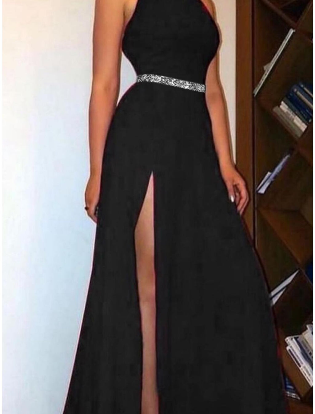 Black A-Line High Neck Sleeveless High Slit Evening Gown - Chloe Dress