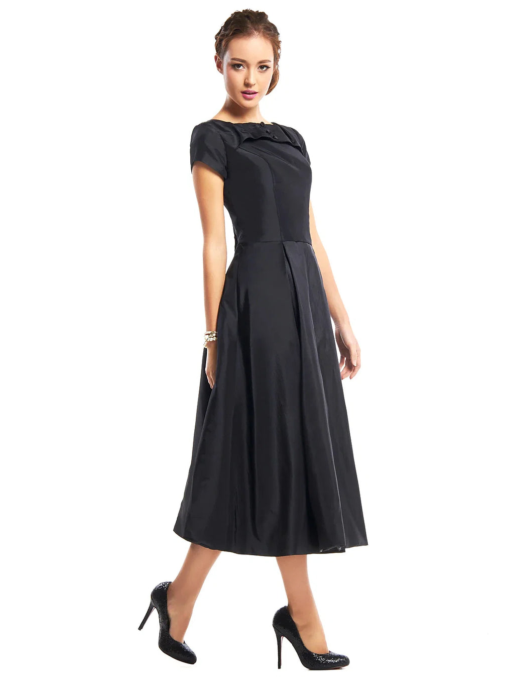 Black A-Line Short Sleeve Button Back Mini Wedding Dress - Chloe Dress