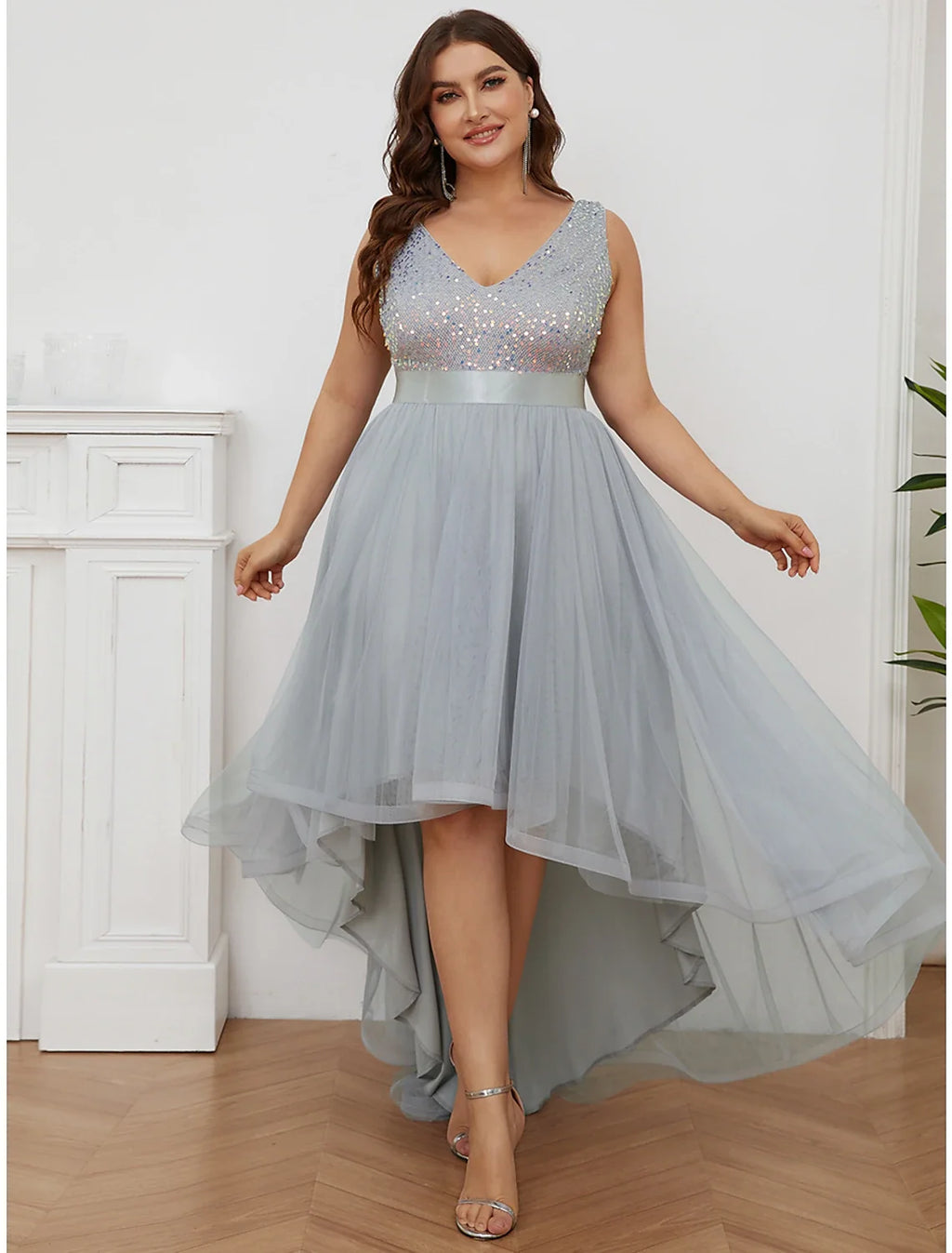A-Line V-Neck Sequin Sleeveless Asymmetric Wedding Dress - Chloe Dress