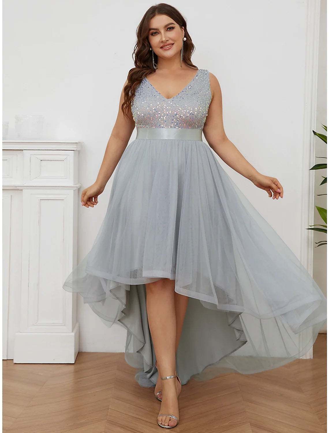 A-Line V-Neck Sequin Sleeveless Asymmetric Wedding Dress - Chloe Dress