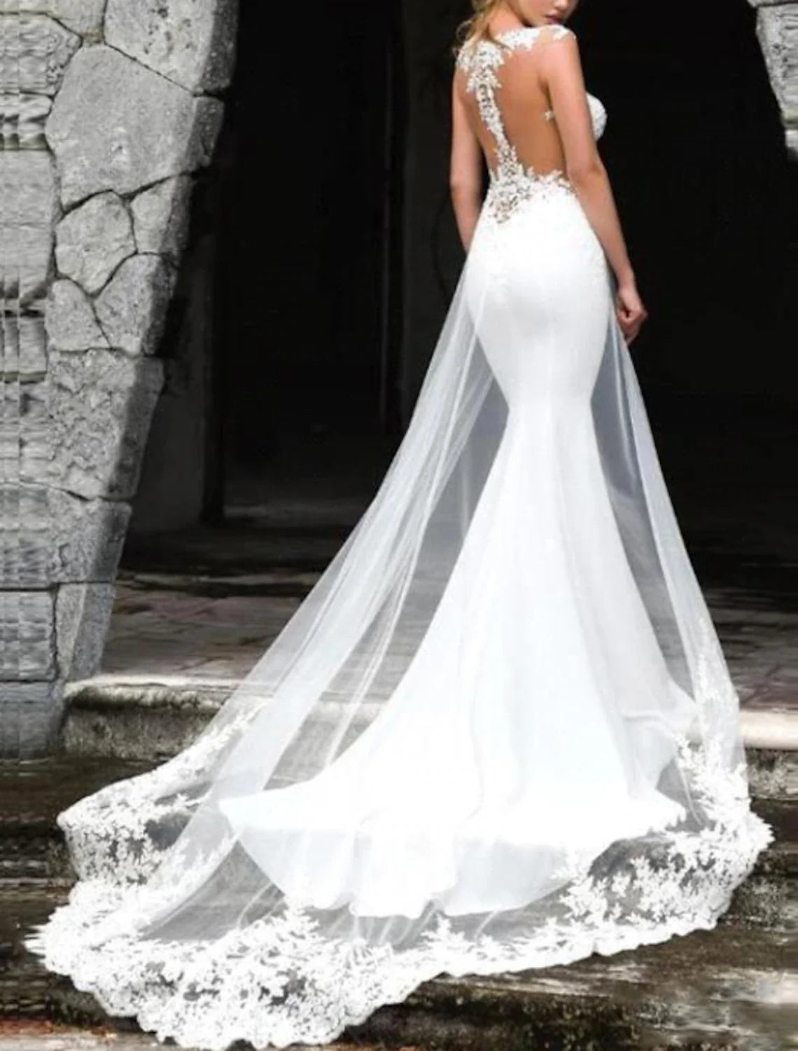 Mermaid Illusion Lace Cap Sleeve Train Wedding Gown - Chloe Dress