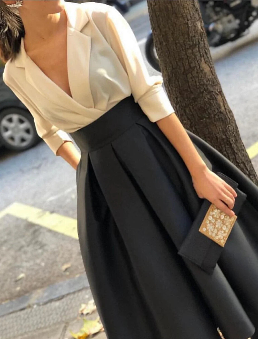 Black A-Line V-Neck Satin Long Sleeve Floor-Length Evening Gown - Chloe Dress