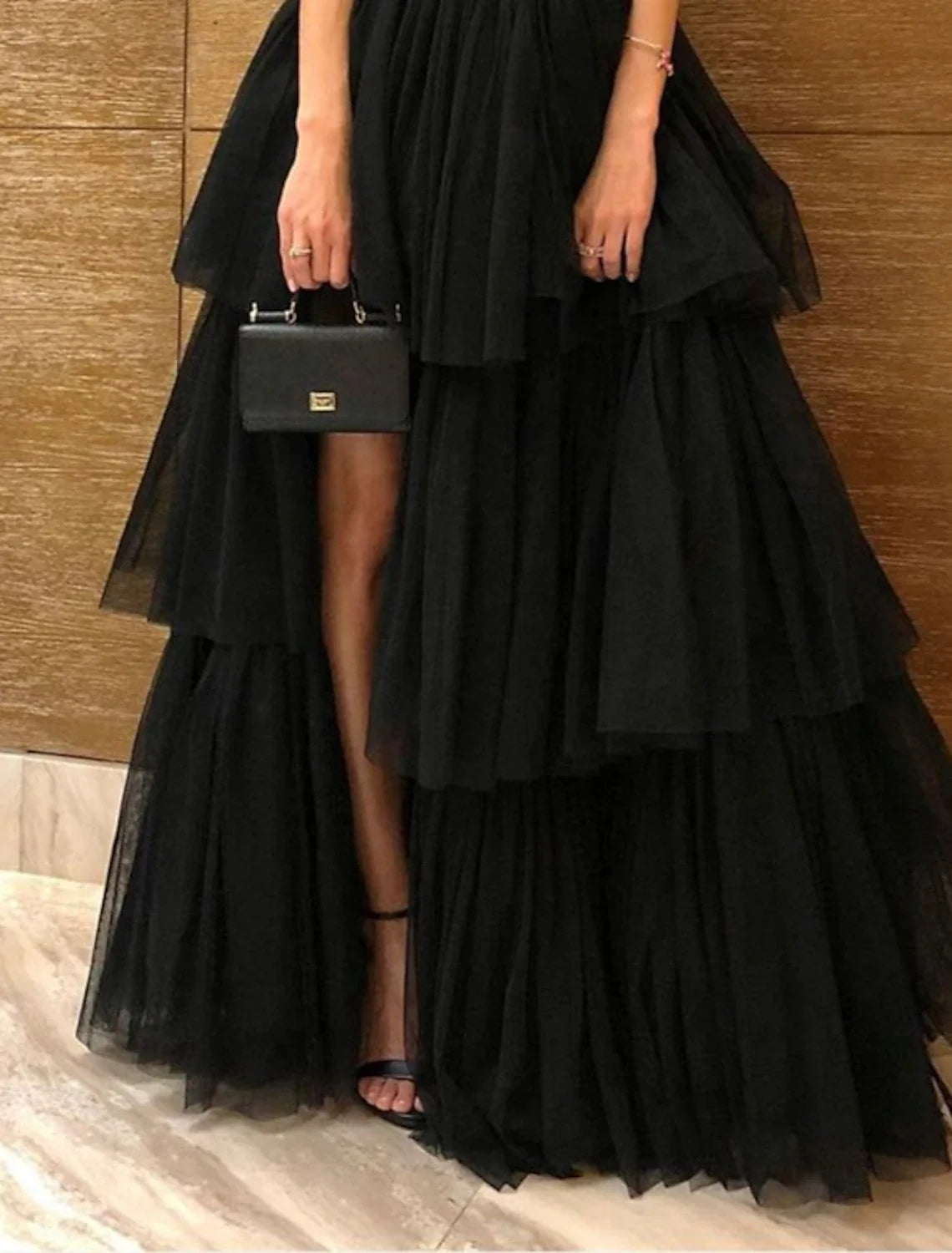 Black A-Line One-Shoulder Tulle Sleeveless High Slit Floor-Length Evening Dress - Chloe Dress