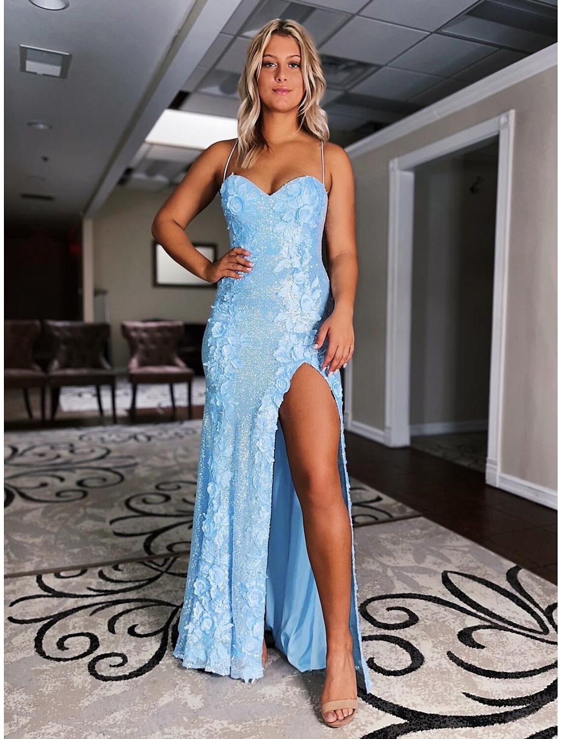 Mermaid Spaghetti Strap Sequin Sleeveless Backless Train Evening Gown - Chloe Dress