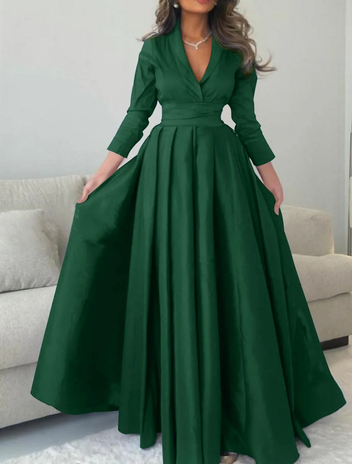 Champagne A-Line V-Neck Satin Three-Quarter Sleeve Pleated Floor-Length Evening Gown - Chloe Dress