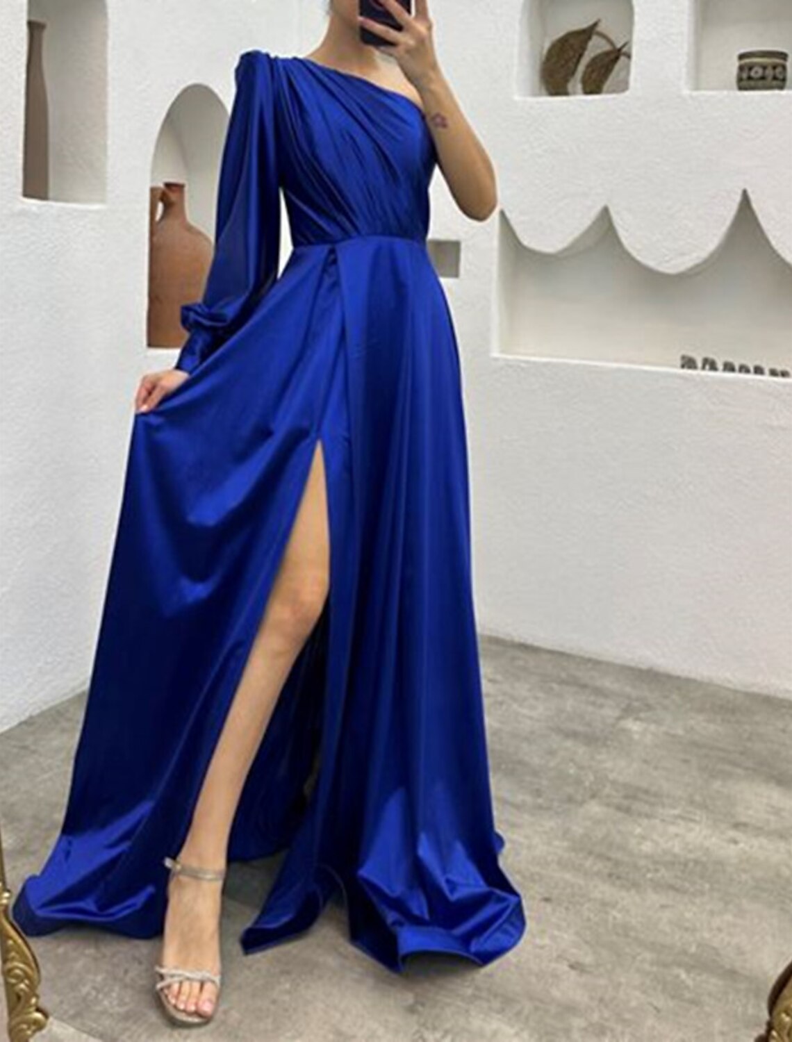 A-Line One-Shoulder Long Sleeve High Slit Evening Gown - Chloe Dress