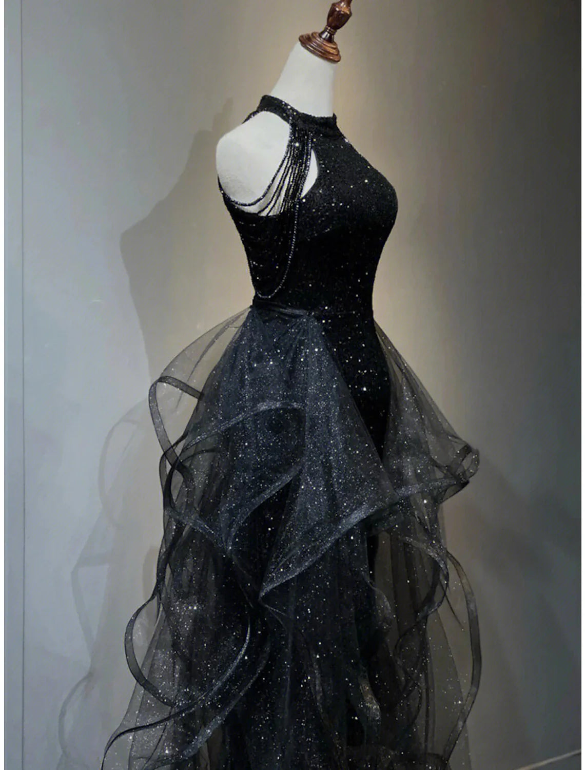 Black A-Line Halter Sequin Sleeveless Ruffled Prom Dress - Chloe Dress