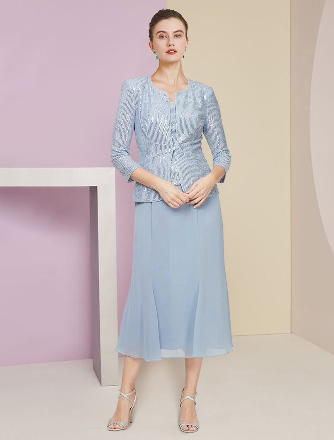 A-Line Chiffon Three-Quarter Sleeve Pleated Tea-Length Wedding Dress - Chloe Dress
