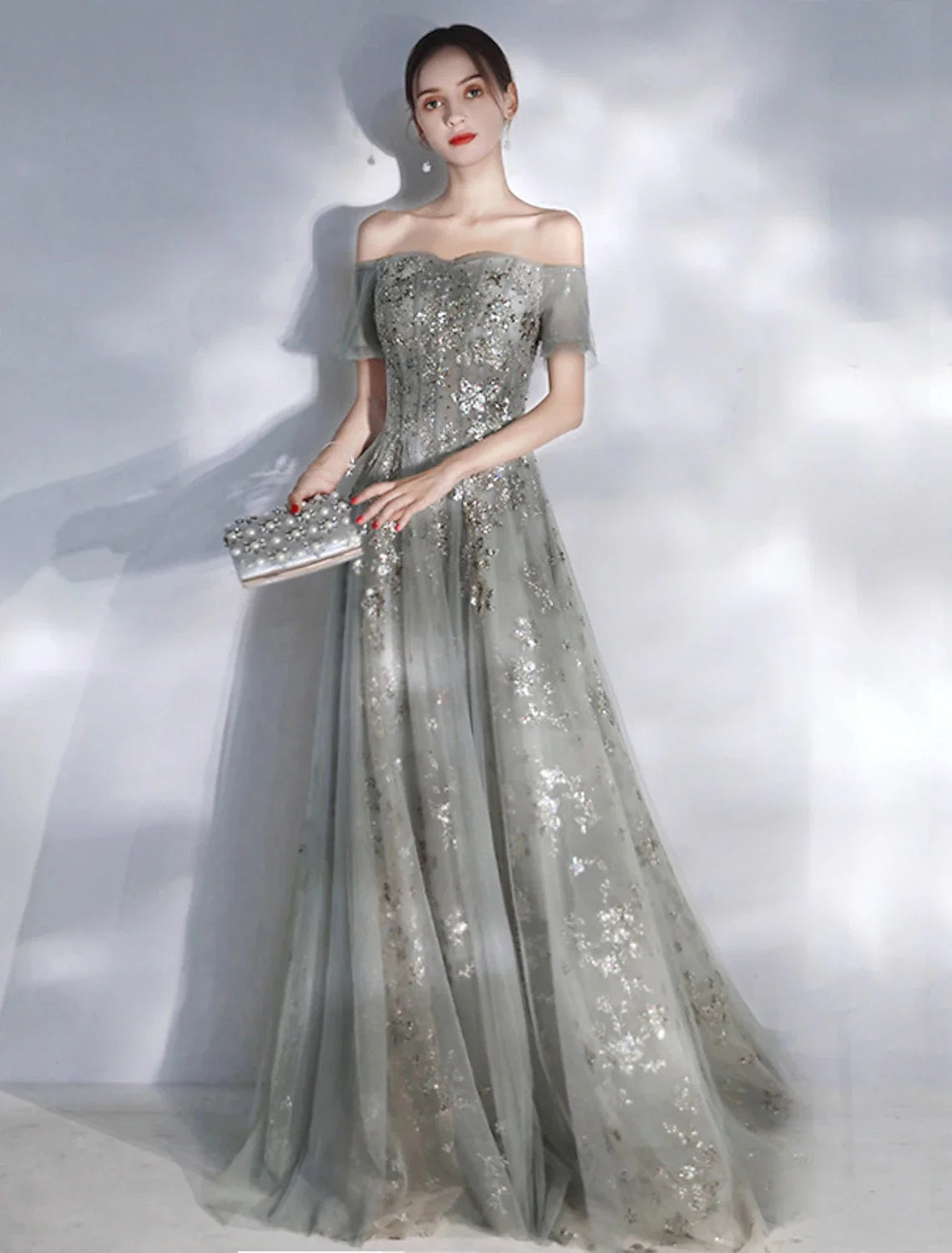 A-Line Off-Shoulder Sequin Short Sleeve Applique Floor-Length Evening Gown - Chloe Dress