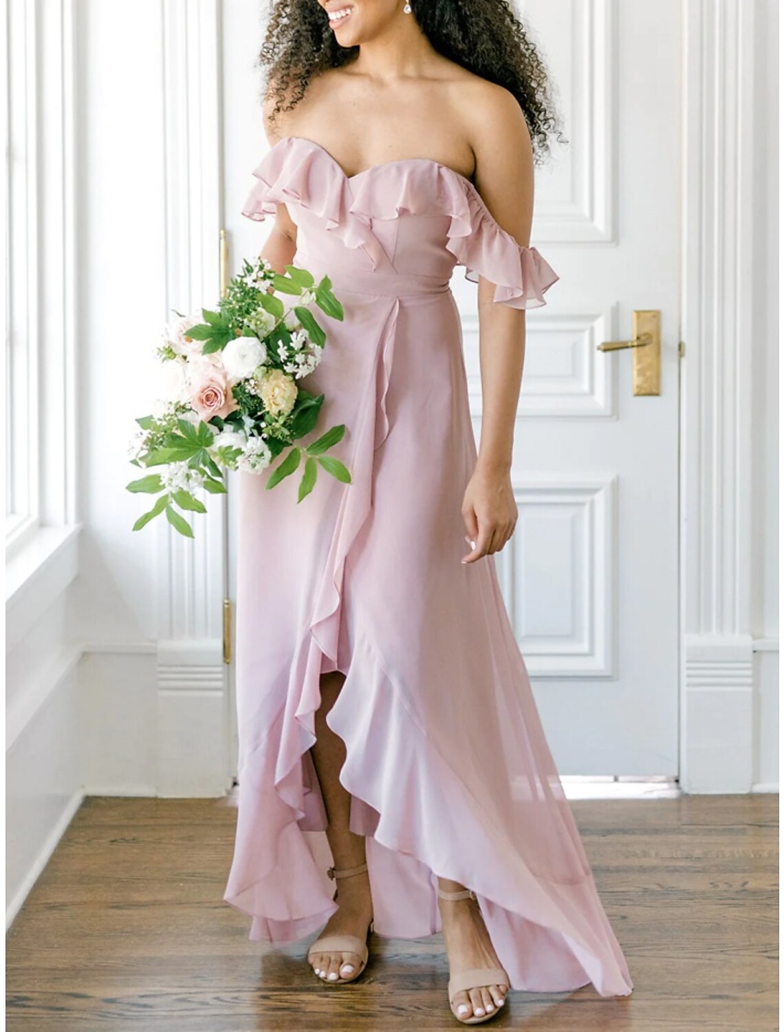 A-Line Off-Shoulder Chiffon Short Sleeve Ruffled Mini Wedding Dress - Chloe Dress