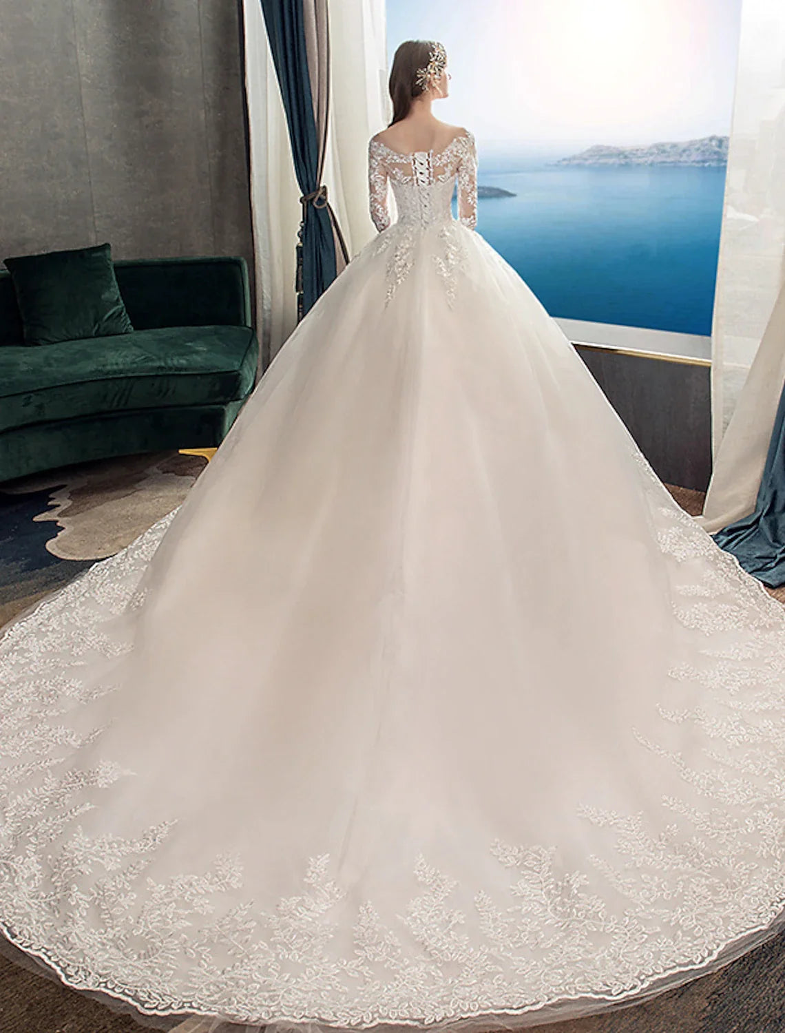 Ball Gown Illusion Lace Long Sleeve Pleated Wedding Gown - Chloe Dress