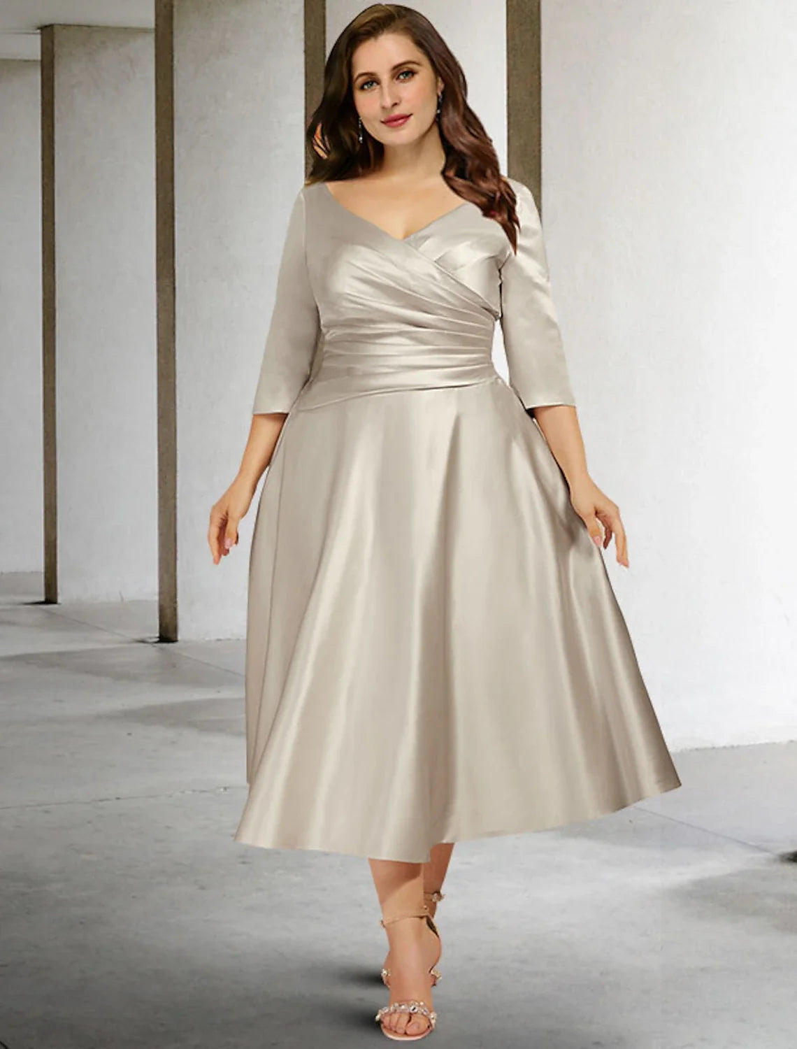 A-Line V-Neck Satin Sleeveless Tea-Length Formal Dress - Chloe Dress