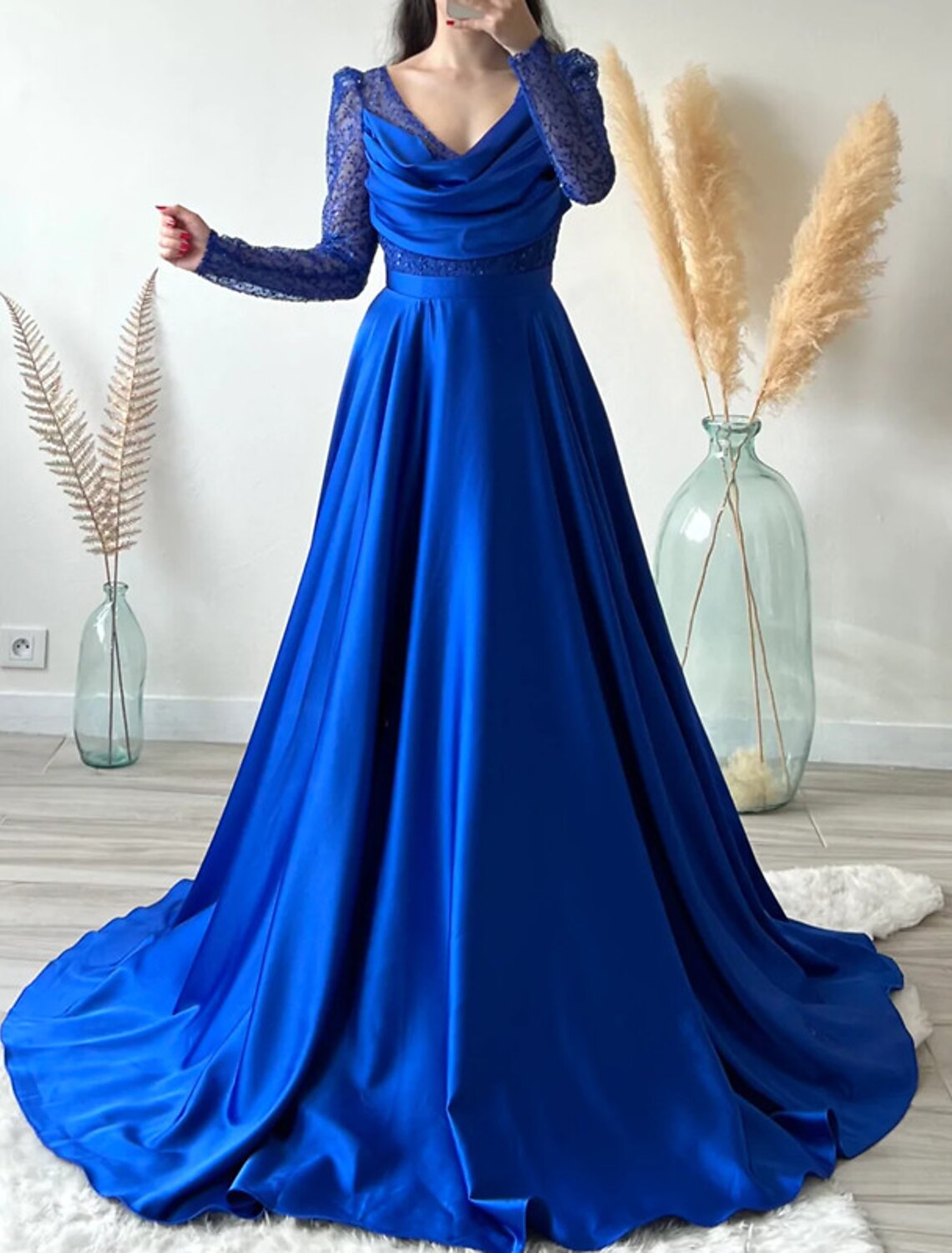 Green Ball Gown V-Neck Long Sleeve Train Evening Gown - Chloe Dress