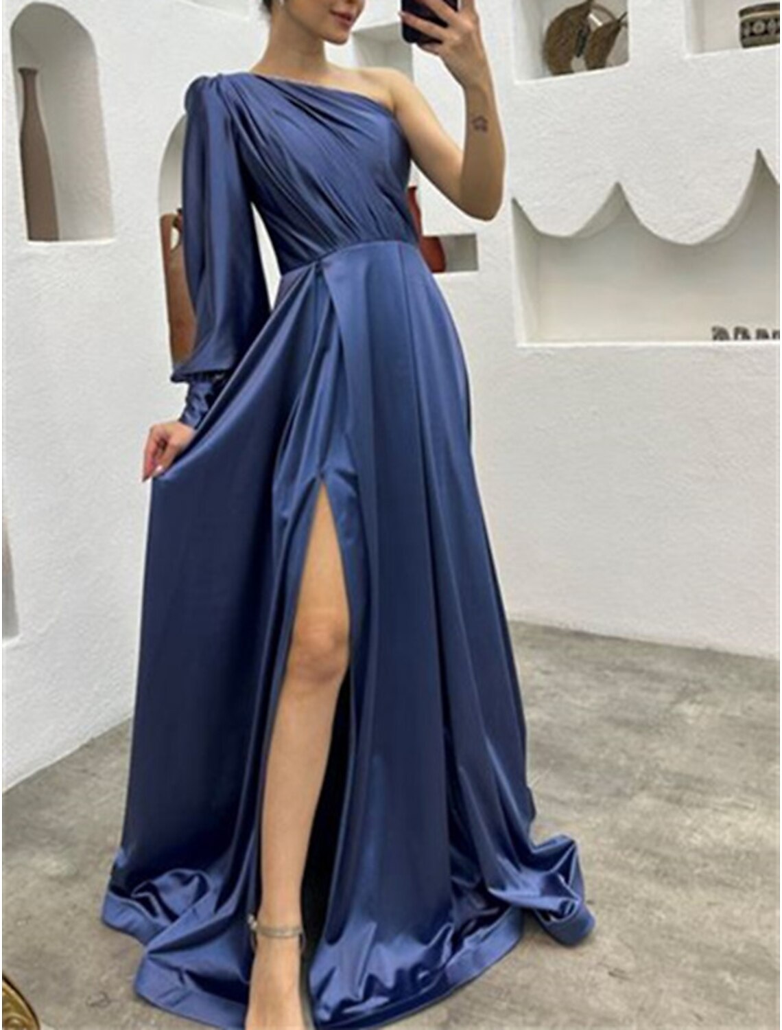 A-Line One-Shoulder Long Sleeve High Slit Evening Gown - Chloe Dress