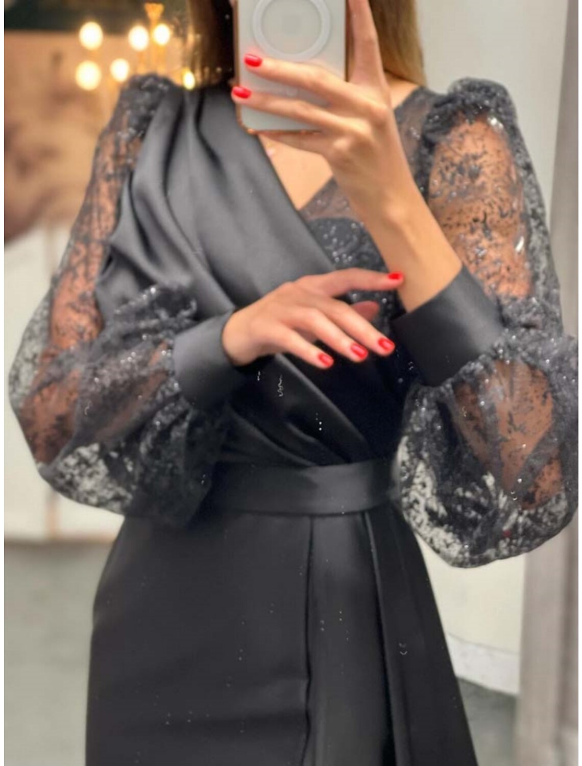 Green A-Line V-Neck Satin Long Sleeve High Slit Evening Gown - Chloe Dress