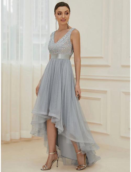 A-Line V-Neck Sequin Sleeveless Asymmetric Wedding Dress - Chloe Dress