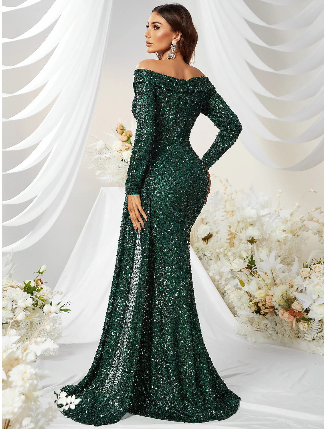 Mermaid Off-Shoulder Sequin Long Sleeve Train Evening Gown - Chloe Dress