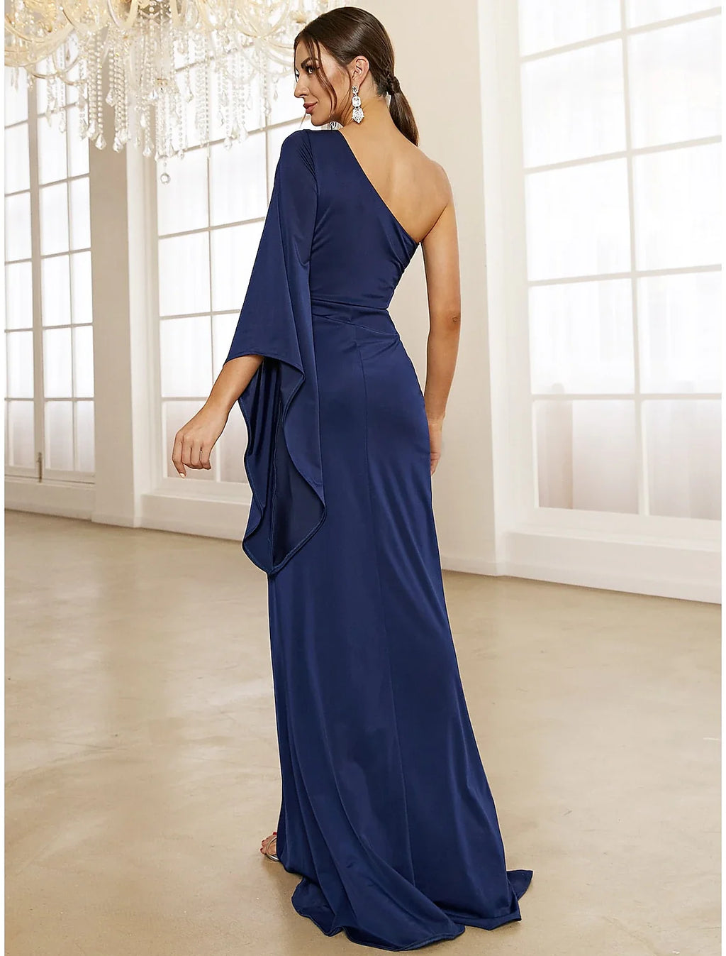 A-Line One-Shoulder Long Sleeve High Slit Evening Gown - Chloe Dress