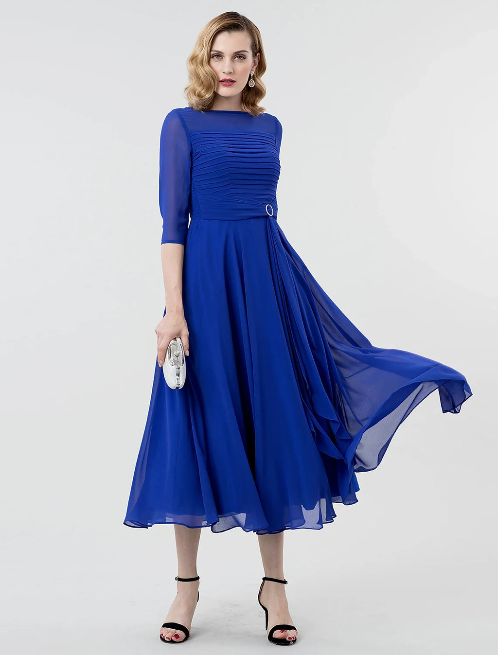 A-Line Illusion Three-Quarter Sleeve Tea-Length Evening Dress - Chloe Dress