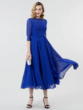 A-Line Illusion Three-Quarter Sleeve Tea-Length Evening Dress - Chloe Dress